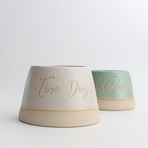 May include: Two ceramic dog bowls, one white with the text "Top Dog" and one light green with the text "Underdog".