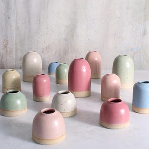 Puede incluir: Una colección de jarrones de cerámica en varios colores pastel, incluyendo rosa, azul, verde y crema. Cada jarrón tiene una forma redondeada con una base beige contrastante. Los jarrones varían en tamaño y altura, creando una exhibición visualmente interesante.