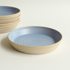 Peut inclure: Un plat de service en céramique bleu et beige avec un motif texturé en spirale à l'intérieur. Le plat est rond et possède un bord légèrement surélevé.