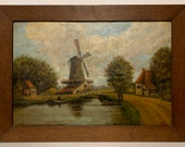 Large Antique 19th Century Oil On Canvas Continental Windmill Scene Signed Monogram WK Lower Right