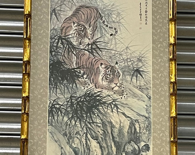 Vintage Chinese Gilt Faux Bamboo Framed Ink & Wash Style Study Of Tigers