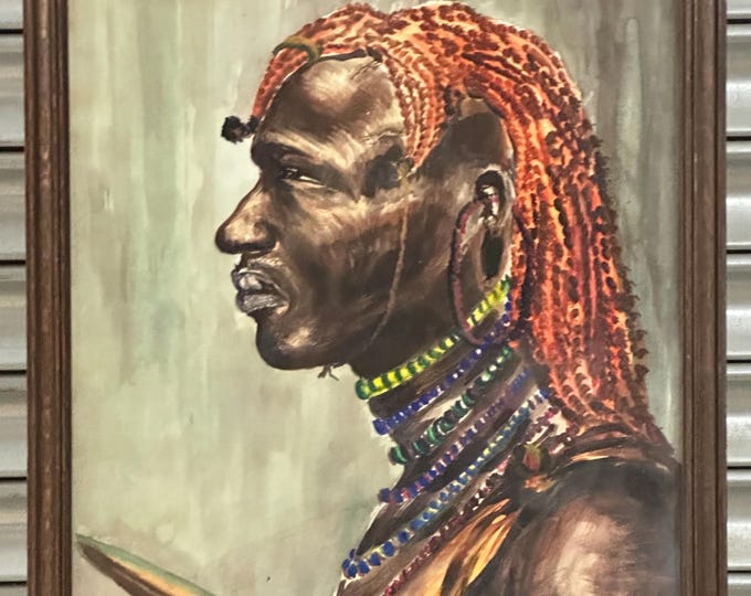 Original Vintage Circa 1950’s Painting Of A Maasai Warrior, African Art Portrait