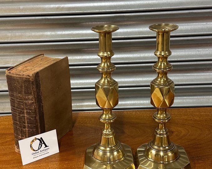 Stunning Pair of Antique 1890s Victorian “Queen of Diamonds” Brass Candlesticks