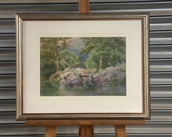 Albert Stevens (fl 1872-1902) Watercolour Titled Woodland Lake & Rhododendrons