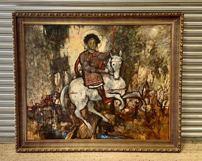 Stunning & Very Large Oil Painting Of Saint George By The Artist Lev Saksonov