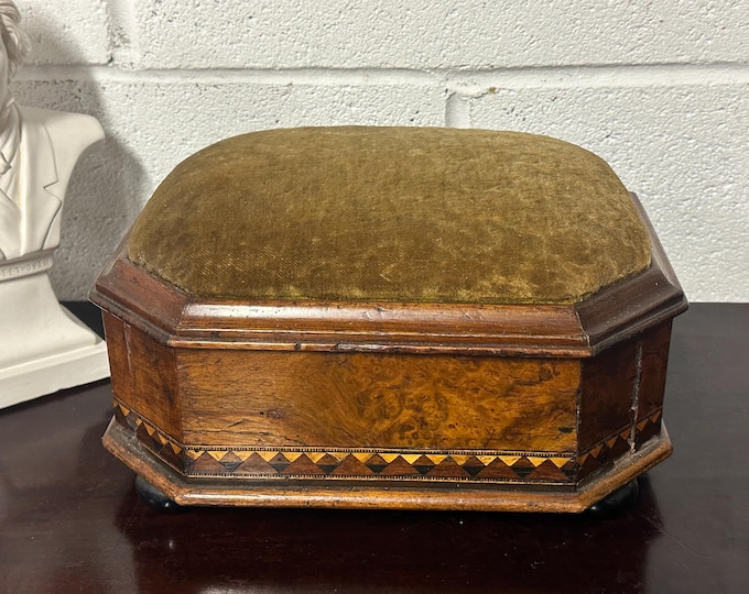 Beautiful Antique 19th Century Inlaid Sewing Box / Footstool On Glass or Ceramic Bun Feet
