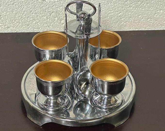 Vintage Retro Style Chrome Plate 4 Egg Cup Cruet Set