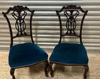 Pair of Victorian Mahogany Hall / Bedroom Chairs With Blue Velvet Upholstery