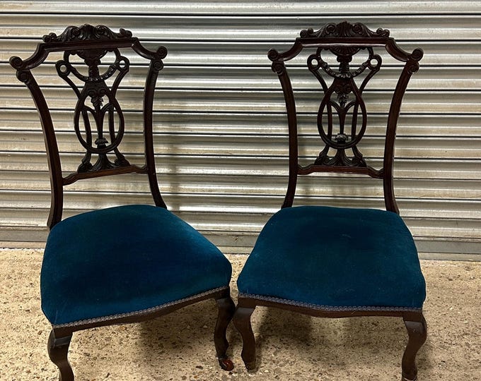 Pair of Victorian Mahogany Hall / Bedroom Chairs With Blue Velvet Upholstery