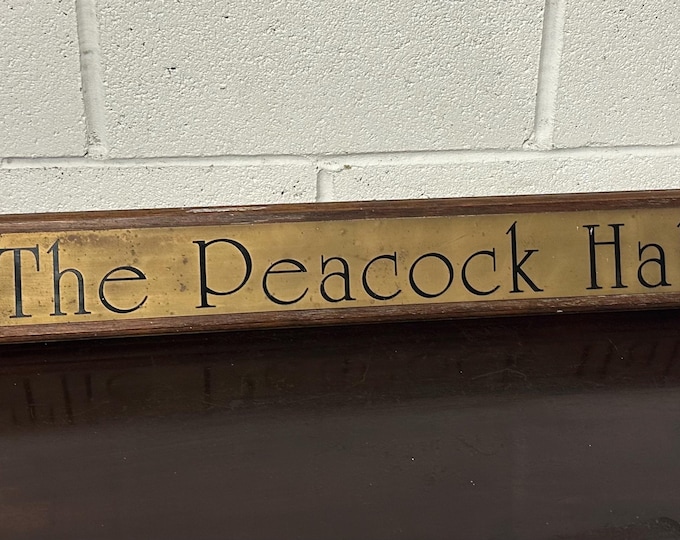 Lovely Vintage Brass Plaque ‘The Peacock Hall’ Mounted on an Oak Plinth