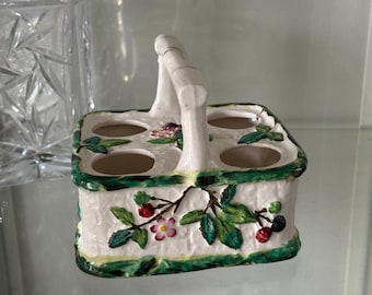 Antique Hand-Painted Egg Cruet / Egg Holder – Berry & Fruit Decoration – Holds 4 Eggs