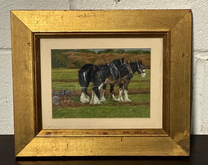 Beautiful Vintage Oil Painting Of Shire Horses Ploughing A Field By D B Smith - Perfect Gift