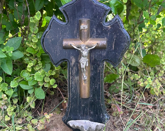 Antique 19th Century French Crucifix, With Metal Oyster Shaped Holy Water Font