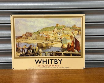 Vintage Reproduction LNER Whitby Railway Advertising Metal Sign – Coastal Travel Poster Style