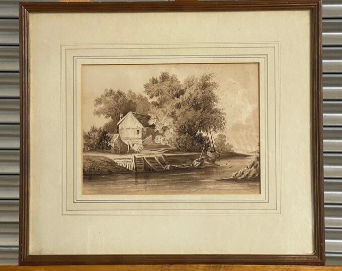 19th Century Sepia Watercolour ‘River Scene, Suffolk’ Dated 1827 attributed to Charles Savill Onley (1756-1843)