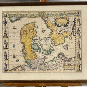 vintage Carte colorée à la main Le Royaume du Danemark après John Speed 1626