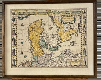 Vintage Hand Coloured Map The Kingdom of Denmark after John Speed 1626