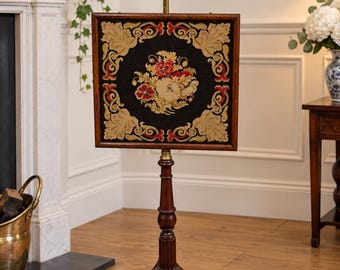 Antique 19th Century English Hardwood Pole Screen Floral Needlework Fireside Panel