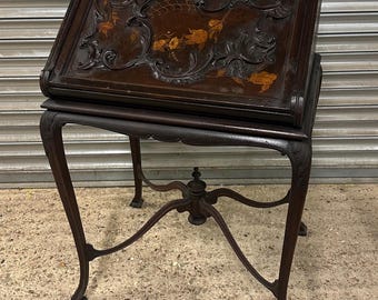 Lovely Antique Inlaid Chippendale Style Bureau Writing Desk – Decorative Serpentine Front & Cabriole Legs