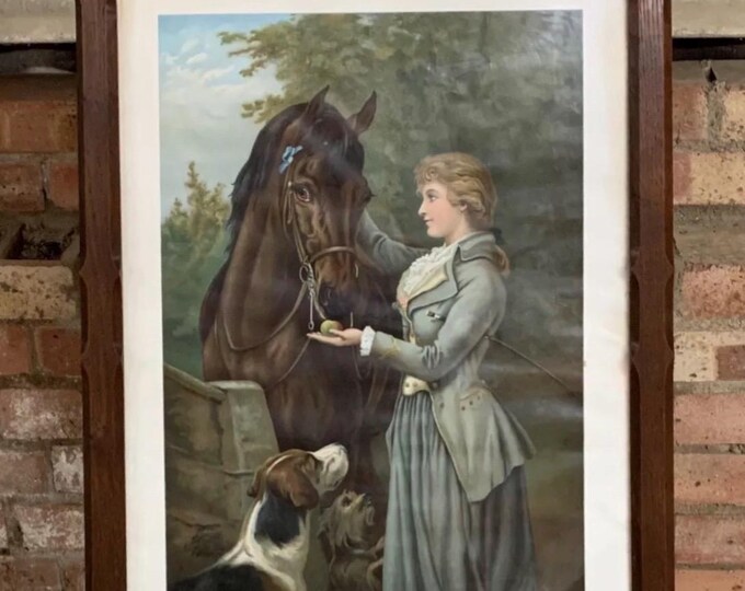 Lovely Large Arts & Craft Frame Antique 19th Century Hand Coloured Mezzotint Print of A Lady with Her Horse and Hound after Heywood Hardy