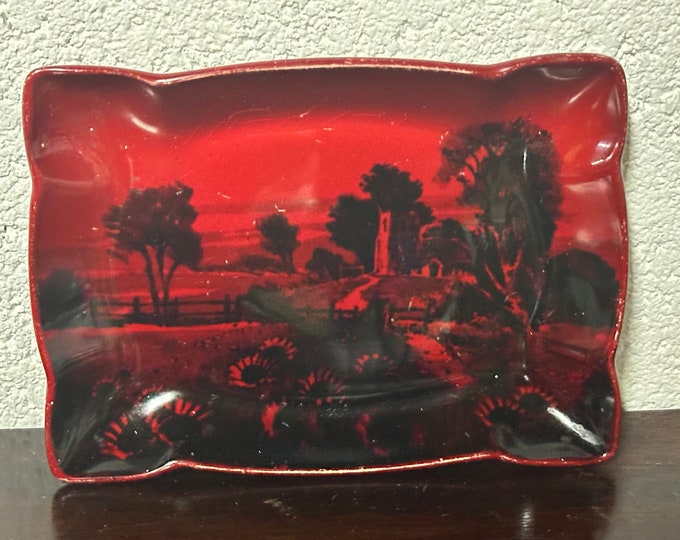 Vintage Royal Doulton Porcelain England Flambe Red Black Small Scenic Tray