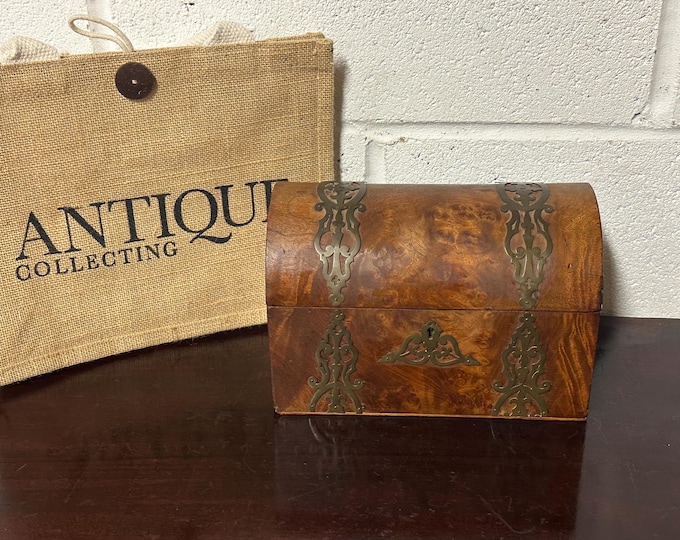 Beautiful Antique Victorian Domed Shaped Stationary Box With Fitted Interior and decorative brass strapping