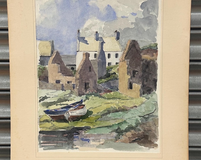 Original Watercolour Painting – Coastal Village Scene – Signed JBS & Dated 1947