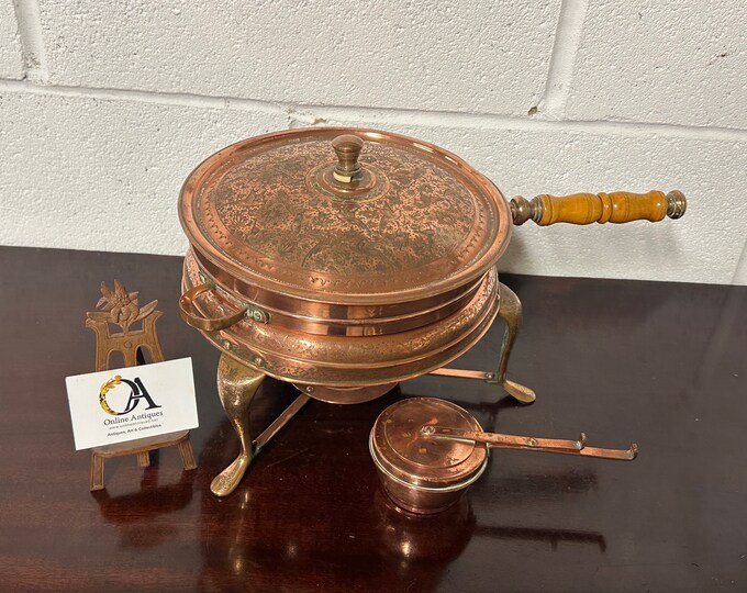 Wonderful Antique Early To Mid 20th Century Copper Pan On Stand With Burner
