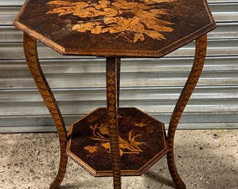 Charming Antique Arts & Crafts Pyrography Poker Work Two-Tier Octagonal Table