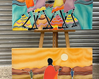 Fabulous Vintage Pair Of African Paintings On Fabric Mounted To A Frame