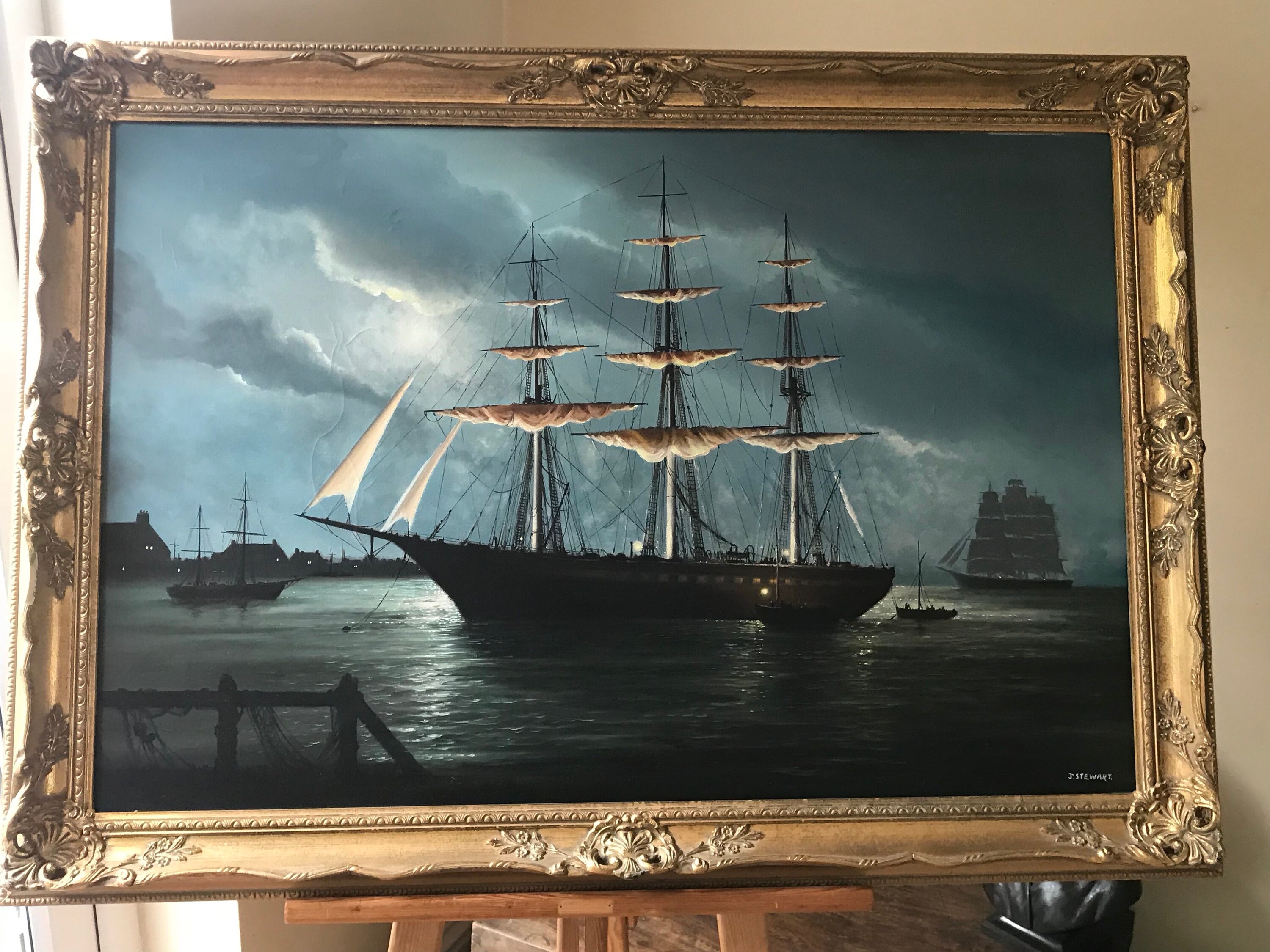 A Fabulous Large Original Gilt Framed Oil On Canvas Of Ships In A