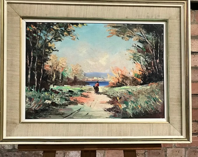 Beautiful Large Antique Original Continental Oil On Canvas Painting - Landscape Scene with Solitary Person Walking up a Path