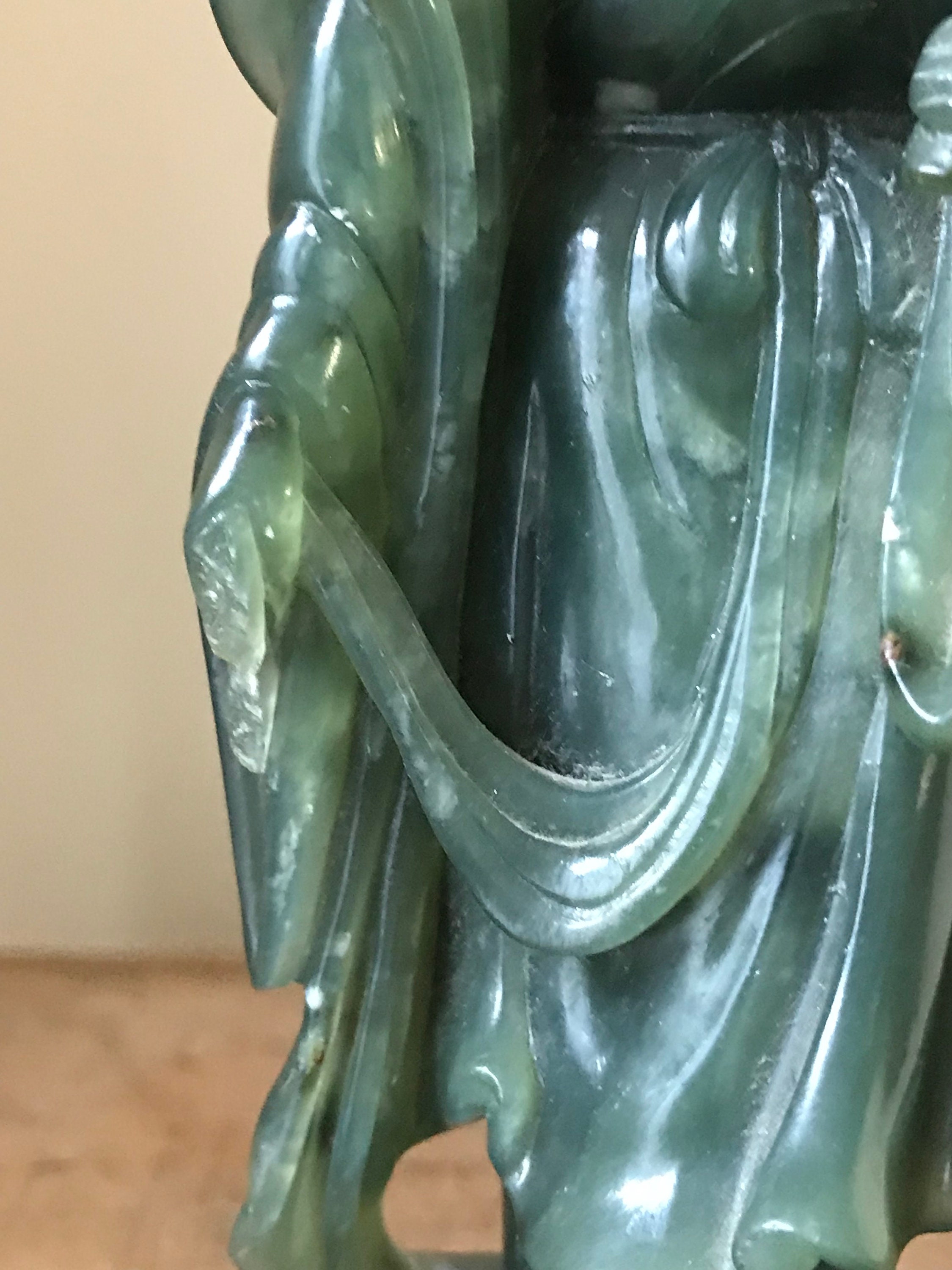 Antique Chinese Carved Green Jade Figurine Of A Tang Lady mounted on a