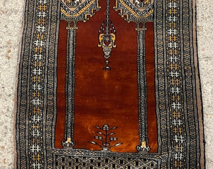 A Middle Eastern Handmade Prayer Rug Geometric Pattern Browns and Gold