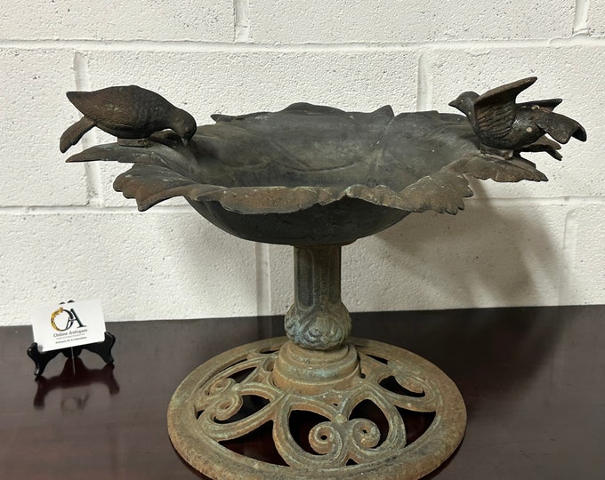 Large Unusual Antique Cast Bronze Leaf Design Bird Bath On Cast Iron Stand