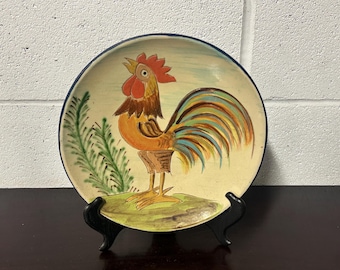Vintage 1960’s Spanish Puigdemont Studio Art Pottery Glazed Ceramic Hand Painted Decorative Plate / Wall Plate - Cockerel Design