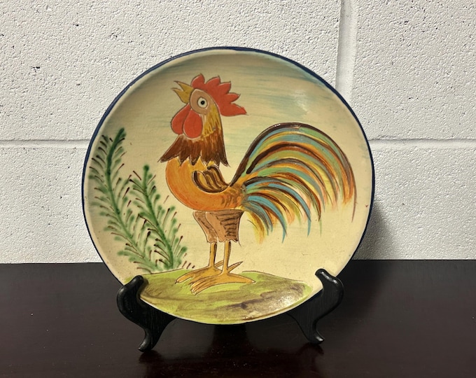 Vintage 1960’s Spanish Puigdemont Studio Art Pottery Glazed Ceramic Hand Painted Decorative Plate / Wall Plate - Cockerel Design