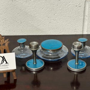 Pretty Set of 1930s Art Deco Guilloche Blue Enamel candle Holders & Lidded Bowls