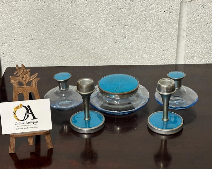 Pretty Set of 1930s Art Deco Guilloche Blue Enamel candle Holders & Lidded Bowls
