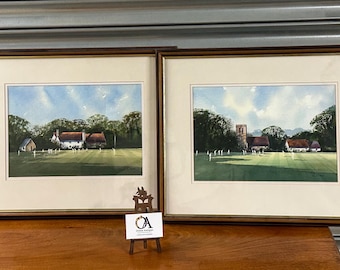 Pair of Original Cricket Watercolours – Signed James Moore – Framed