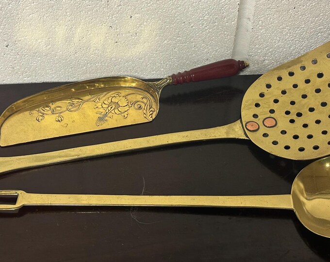 Stunning 19thC Victorian Home and Art Nouveau Brass Utensils, Crumb Tray, Ladle & Skimmer - Perfect Home Decor