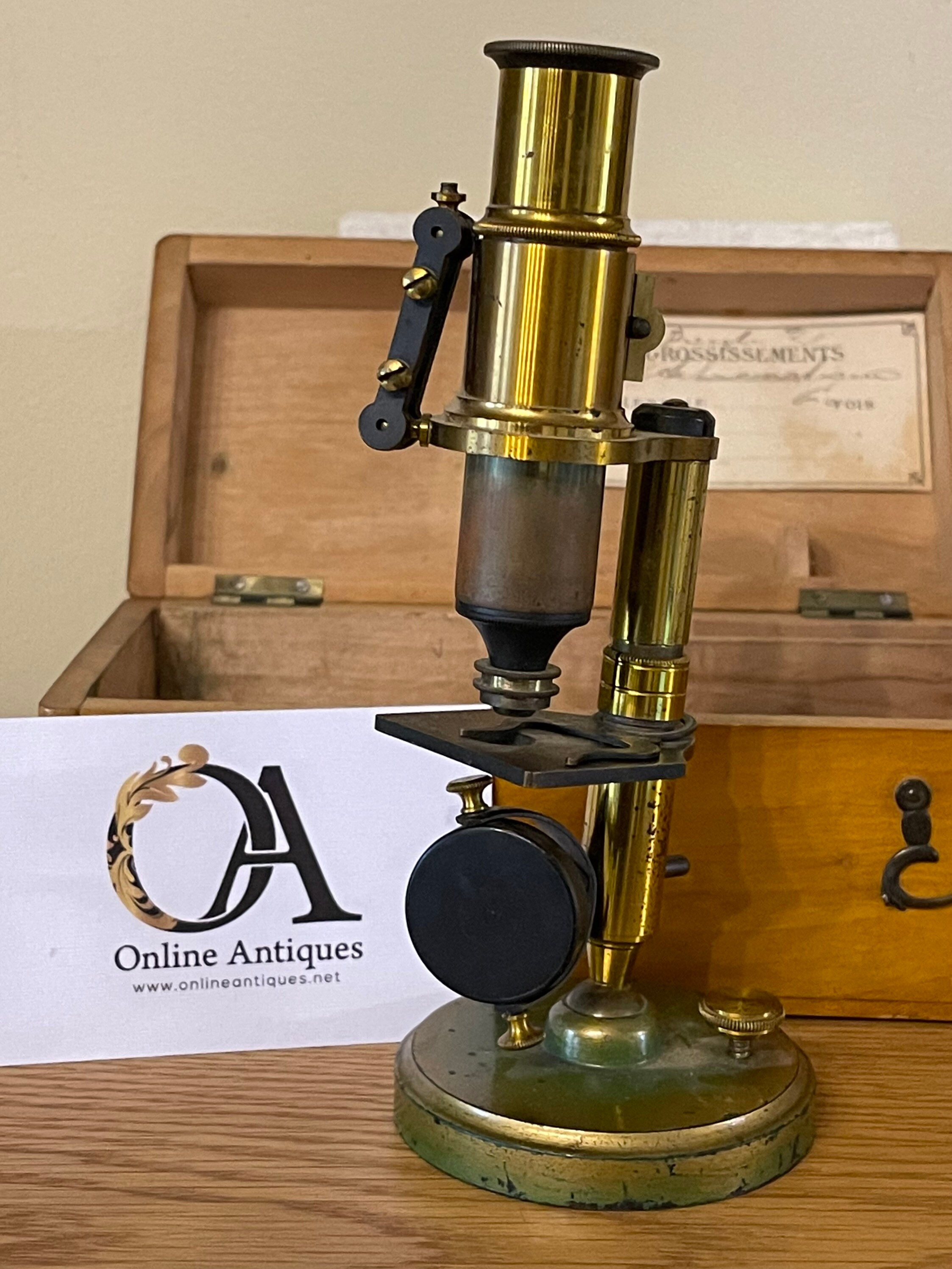 Microscope In 1900 French Circa 1900/1910 Students Brass Microscope in Original Box.