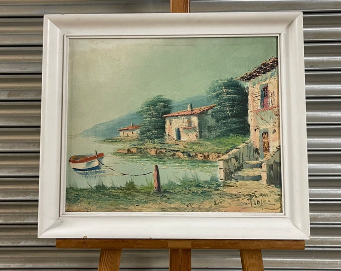 Beautiful Vintage Oil Painting On Canvas Of A French Or Italian Lake Scene signed Rojo