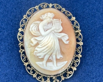Antique Shell Cameo Brooch Dancing Muse Lady Gold Tone Filigree Frame Vintage