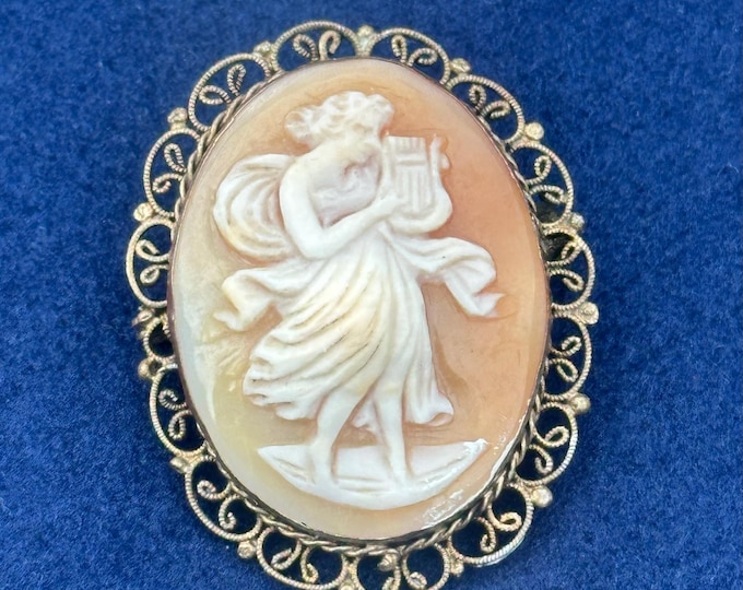 Antique Shell Cameo Brooch Dancing Muse Lady Gold Tone Filigree Frame Vintage