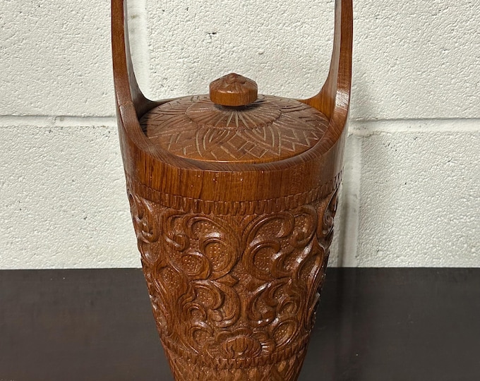 Vintage Mid Century Teak Ice Bucket With Carving Throughout
