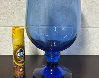 Oversized And Very Heavy Circa 1970’s Mid Century Hand Blown Blue Glass Goblet