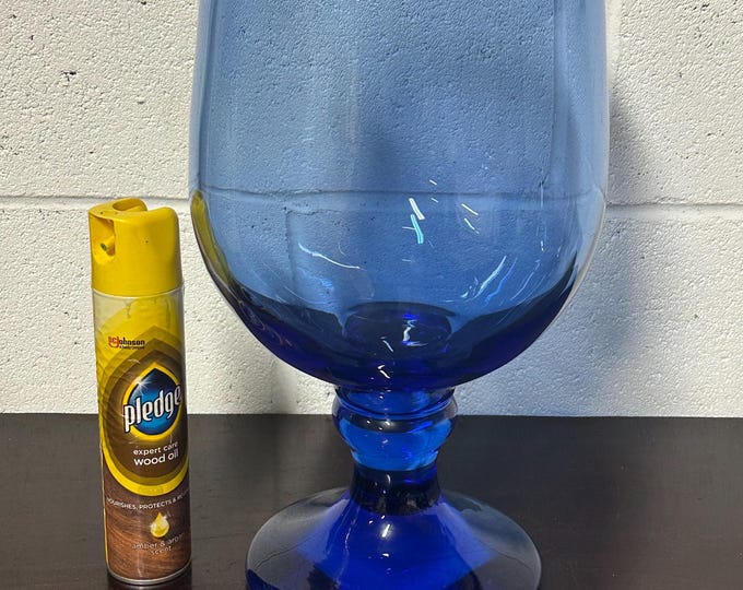 Oversized And Very Heavy Circa 1970’s Mid Century Hand Blown Blue Glass Goblet
