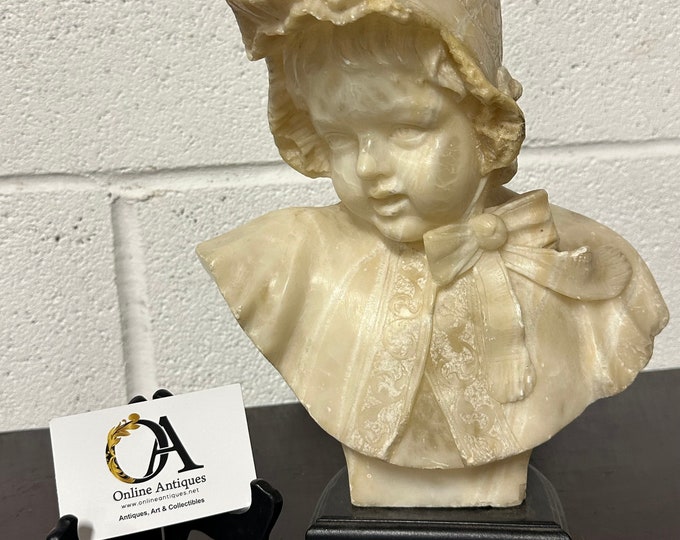 Antique Late 19th Century Victorian Alabaster Bust Of A Girl Wearing A Bonnet