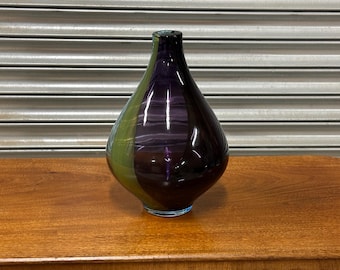 Modern Studio Art Glass Vase – Hand Blown Teardrop Form – Purple, Green & Blue Swirl Glass